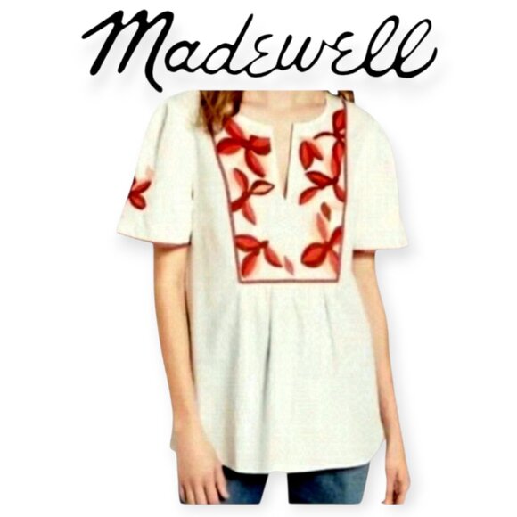 White Red Embroidered Boho Blouse Madewell New XS - Picture 1 of 6